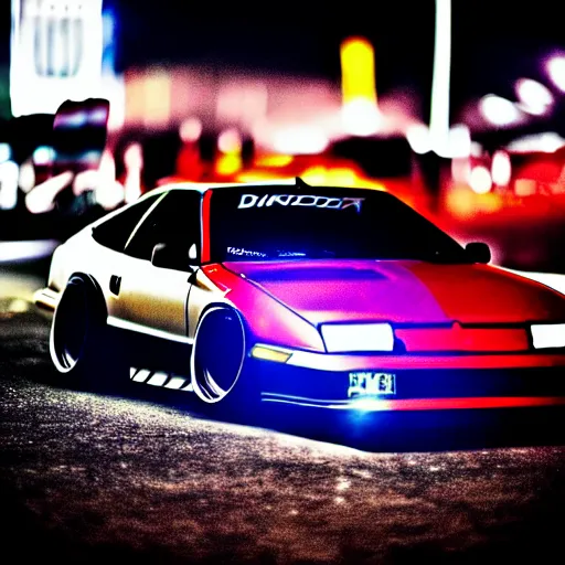 Image similar to a car 300ZX twin turbo drift at illegal car meet, Shibuya prefecture, city midnight mist lights, cinematic lighting, photorealistic, highly detailed wheels, high detail