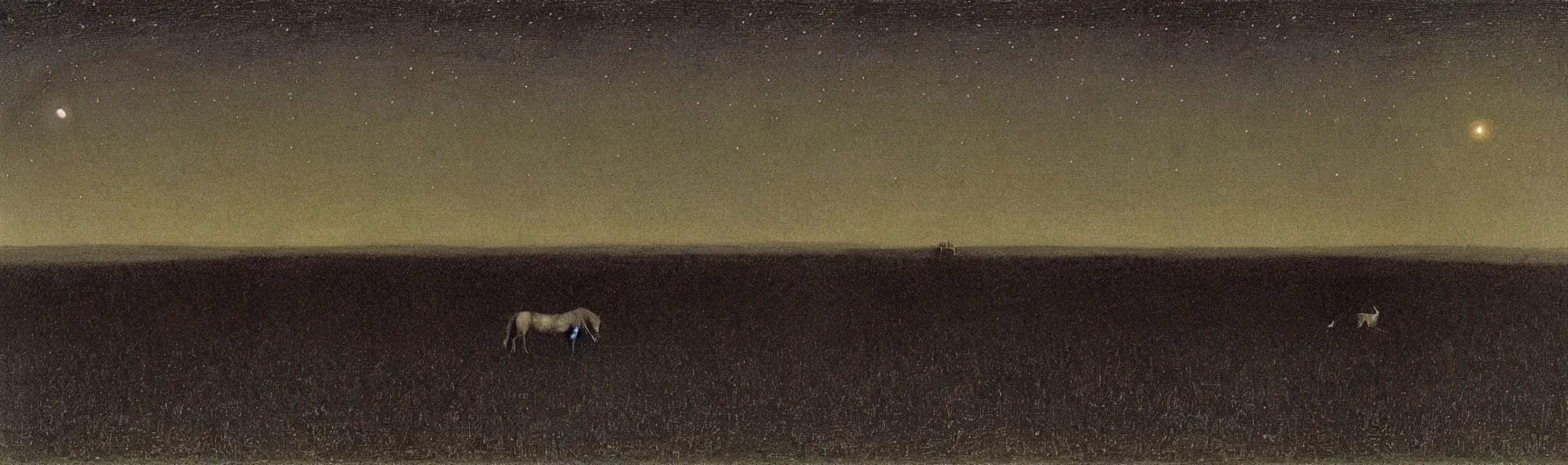 Image similar to black horse running through the starry nighty in a romantic night landscape, caspar david friedrich, arkhip kuindzhi, twilight, Edward Hopper, Giorgio de Chirico, Zdzislaw Beksinski,