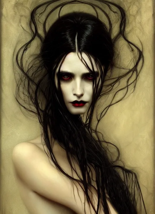 Image similar to portrait of a ancient immortal vampire elegant girl with long tangles of black hair, beautiful piercing eyes, gothic fog ambience, hyper realistic head, fantasy victorian art, in the style of greg rutkowski, zdizslaw beksinski, intricate, alphonse mucha, hyper detailed, smooth