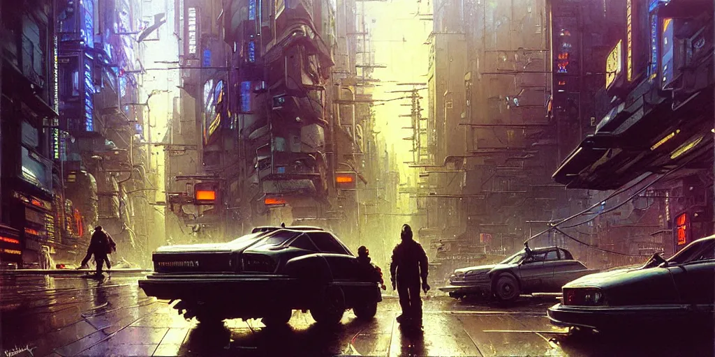 Prompt: cyberpunk street, hyperrealism, futurism, no blur, 8k, sharp ages, hd, ultra detailed, style of John Berkey, Norman Rockwell, Hans Thoma, Ivan Shishkin, Tyler Edlin, Thomas Kinkad