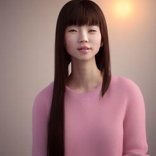 Prompt: 3 d render of a cute thin petite chinese young woman with light pink long hair, with full bangs, small round face, small upturned nose, porcelain skin tone, red blush, wearing casual sweater, small smile, warm pink living room, medium shot, octane render, 8 k, hyperrealism, trending on artstation, unreal engine 5,