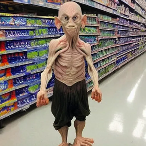 Image similar to gollum has giant chicken legs instead of his legs in a walmart