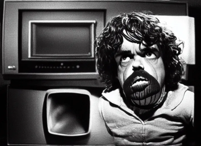 Image similar to a scene from a 1 9 8 2 s halloween iii, peter dinklage is watching tv, vhs distortion, cathode ray tube distortion, folk horror, hauntology, 8 k, 8 5 mm f 1. 8, studio lighting, rim light, right side key light