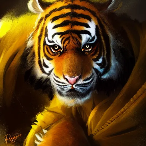 Image similar to commission portrait of a male anthro tiger wearing a black and yellow padded puffed up jacket.dramatic,character design by charles bowater,greg rutkowski,ross tran,hyperdetailed,hyperrealistic,4k,deviantart,artstation,professional photography,concept art