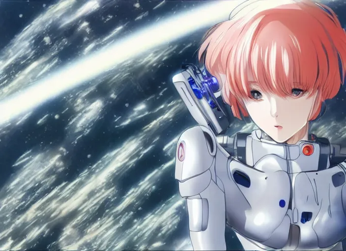 Image similar to This is a digital art piece by Yoshiyuki Sadamoto that is trending on artstation. It is a 8K UHD image of Rei Ayanami, a female anime character, inside a space station with technological rings. She is shot from the ground by Yoshiyuki Sadamoto. The environment is a concept design and the art is hyper realistic with intricate details.