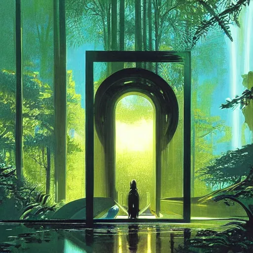 Image similar to portal in a middle of a lush futuristic forest, syd mead, john harris