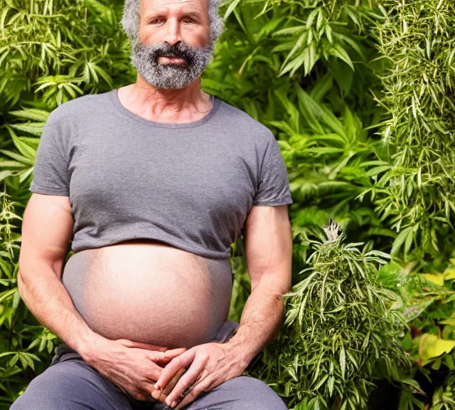 Image similar to mr robert smoke weed and meditate in the garden, he has dark grey hairs, detailed glad face, muscular chest, pregnant belly, golden hour closeup photo, red elegant shirt, eyes wide open, ymmm and that smell