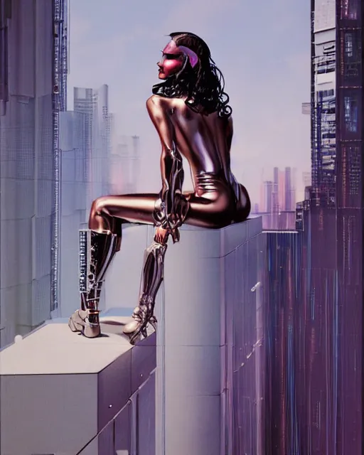 Prompt: a picture of a woman sitting on a ledge, cyberpunk art by hajime sorayama, cgsociety, figurative art, airbrush art, made of liquid metal, synthwave