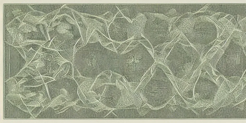 Image similar to “One US Dollar bill, geometric art by M.C. Escher, engraving, 1961”