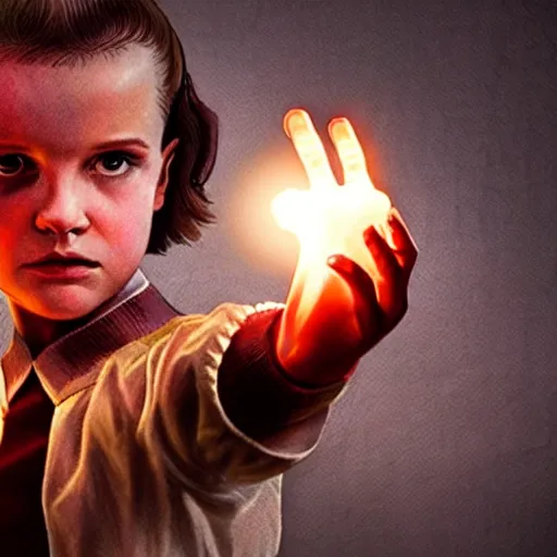 Image similar to Concept art, Eleven from 'Stranger Things' Season 3 (2019) conjuring a magical fireball in her hand