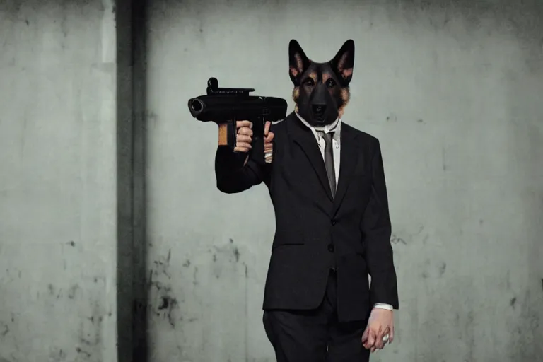 Image similar to film still of furry anthro anthropomorphic german shepard head animal person fursona wearing clothes a suit and tie standing holding a gun in a garage in an action movie 2020, 4k