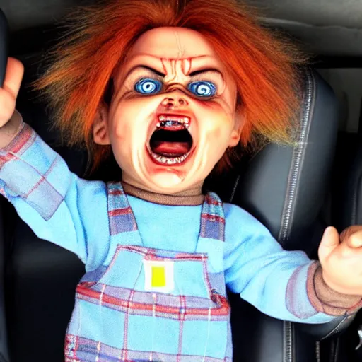 Image similar to chucky doll stuck in gridlock traffic and screaming