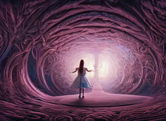Image similar to vfx surreal 3 d portrait of alice from wonderland walking into a non - euclidean and infinite tunnel of evanescent hallucinatory images, reflections in endless mirrors, hyperdetailed, octane render, sharp focus, concept art, intricate by alex grey, greg rutkowski jeff soto and daniel merriam, dan mumford and pixar, octane render