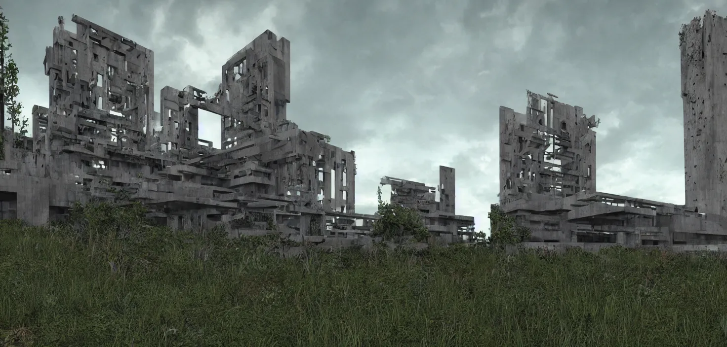 Prompt: an extremely detailed cathedral of brutalist architecture by Le Corbusier, surrounded by lush green vegetation, stunning volumetric lighting, sunset, rusted metal, concrete, translucent material, stunning skies, scattered rubbish and debris, 8k, photorealistic, hyper detailed, unreal engine 5, IMAX quality, cinematic, epic lighting, digital painting in the style of DOOM and Quake, by Greg Rutkowski, trending on Artstation