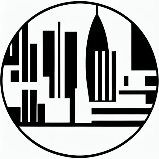 Image similar to a perfect circle where the inside is empty blank space and around the outer edge of the circle is the silhouette of a city skyline, black and white, minimalist, in the style of a line drawing