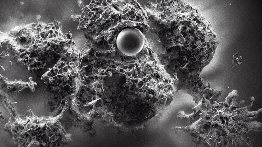 Image similar to a beautiful microscopic scientific photo of a coronavirus and a strange life form seen through an electron microscope, dark, sinister, detailed, art by Greg Rutkowski