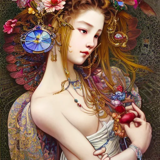 Image similar to a masterpiece ultrarealistic ultradetailed portrait of beautiful love, jewelry genius, witch girl on fruits street market baroque renaissance. medium shot, intricate, elegant, by stanley artgerm lau, wlop, alphonse mucha, rossdraws, andrei riabovitchev, yoshitaka amano. flower background my james jeand and takashi murakami.