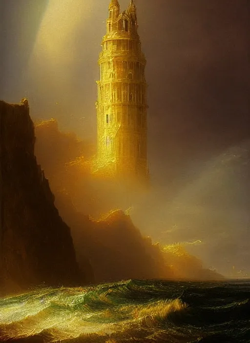 Image similar to a delicate sparkling gold fantasy tower splashes upwards from a turbulent ocean, dramatic lighting, rich colors, sunlight shimmering off the tower and the water and the spray, beautiful painting by Thomas Cole