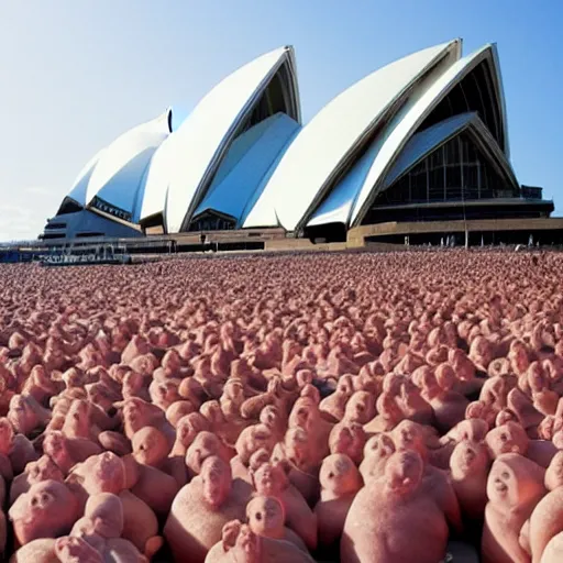 Image similar to spencer tunick photograph of group of blobfish on the sydney opera house foreshore