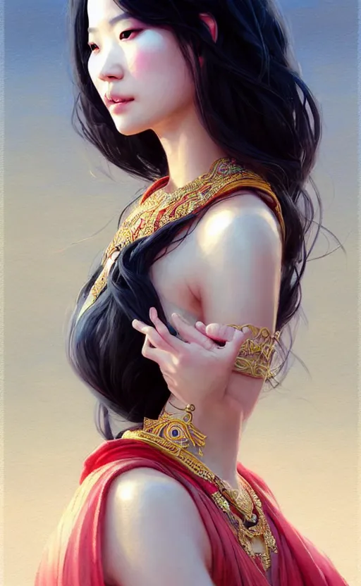 Image similar to a beautiful taiwan goddess with sundress with jewelry | | winter, realistic shaded, unpleasant face, good looking, fine details, realistic shaded lighting poster by greg rutkowski, magali villeneuve, artgerm, jeremy lipkin and michael garmash and macoto takahashi