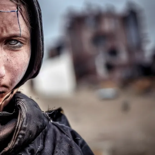 Image similar to photographic portrait of a poor techwear woman holding back tears, a futuristic shanty town burns in the background, closeup, sigma 85mm f/1.4, 4k, depth of field, high resolution, 4k, 8k, hd, full color