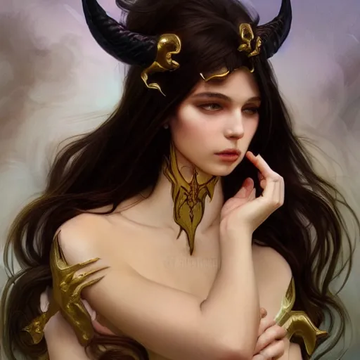 Prompt: a great lucifer, great wings, demon horn, fire on head, long dark hair, intricate, elegant, highly detailed, digital painting, artstation, concept art, smooth, sharp focus, illustration, art by artgerm and greg rutkowski and alphonse mucha