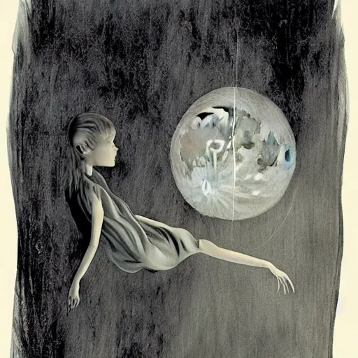 Image similar to looking at the full moon, transparent soul leaving the body, dave mckean, loischl