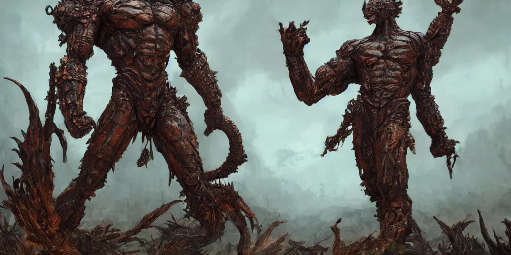 Image similar to Rusty Bronze four armed statue like colossus, character design sheet, Monster Hunter Illustrations art book, giant, trees growing on its body, enormous hands, long limbs, horns on its head, bright pale blue eyes, Moebius, Greg Rutkowski, Zabrocki, Karlkka, Jayison Devadas, Phuoc Quan, trending on Artstation, 8K, ultra wide angle, zenith view, pincushion lens effect.