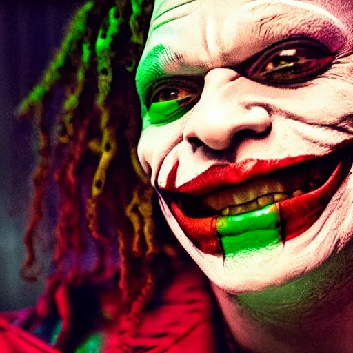 Image similar to a film still of Trippie Redd starring as The Joker, 40mm lens, shallow depth of field, split lighting, cinematic