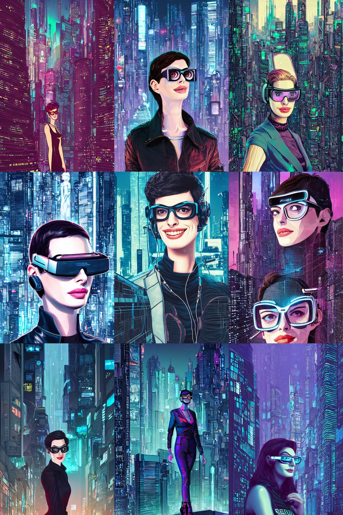 Prompt: anne hathaway portrait thin vr glasses, cyberpunk style, night city in the background, by josan gonzalez