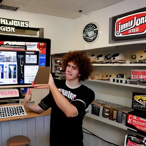 Image similar to 21 year old Jimmy John’s manager with pale skin and brown curly hair is wearing a black baseball cap and tapping a computer screen on the wall