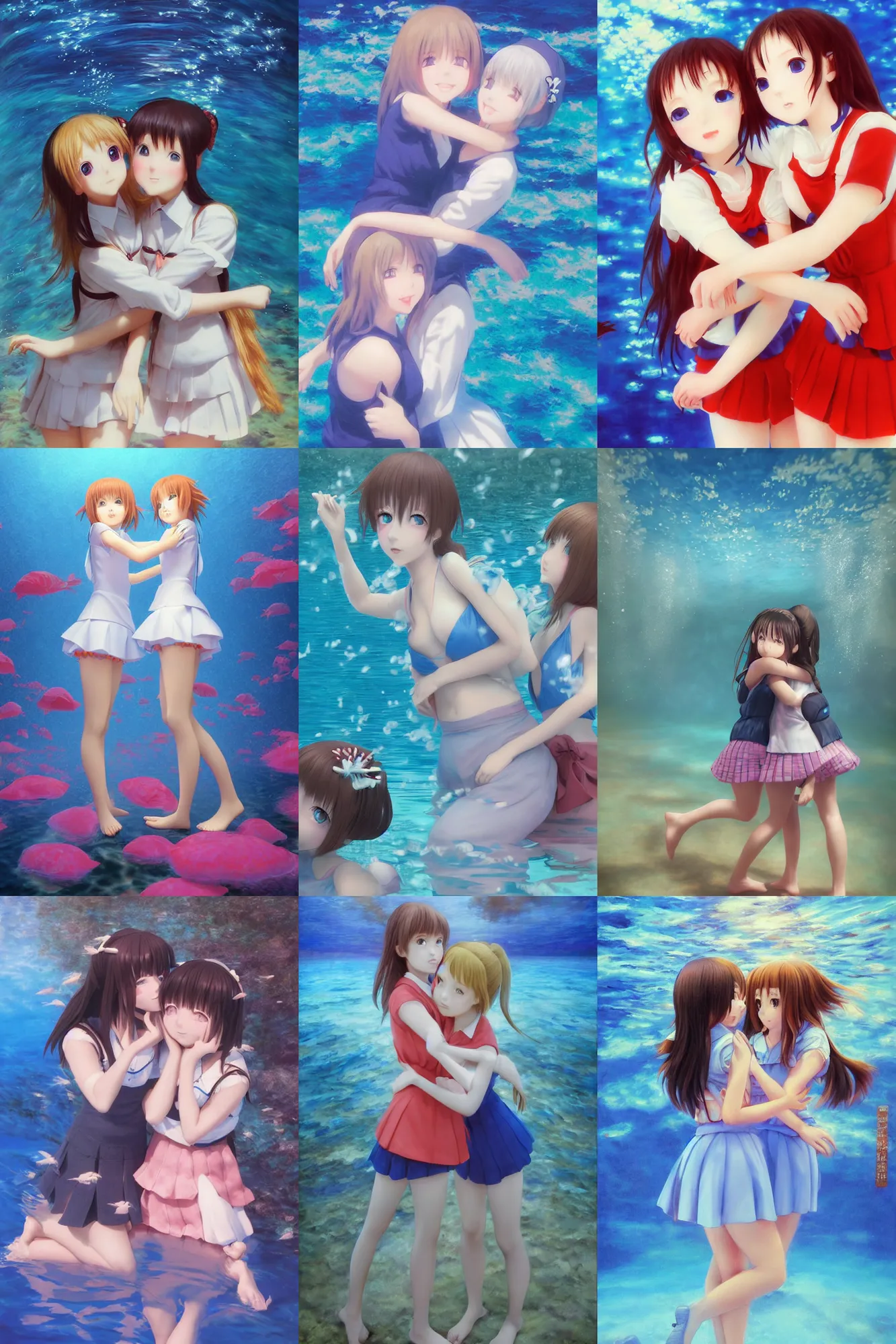 Prompt: 3d infrared render portrait of beauty 3d anime schoolgirls hugged underwater. school best friends. blue water hawaii. cute face. dramatic light, trending on artstation, art by hiro kiyohara and hayao miyazaki oil painting.