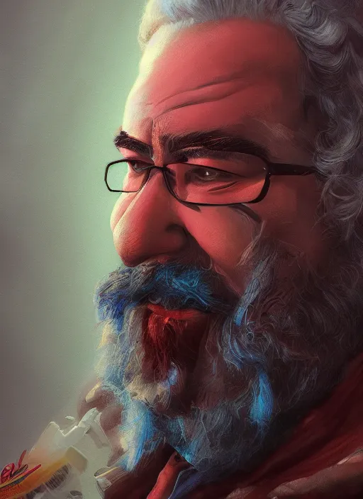 Image similar to An epic fantasy comic book style portrait painting of Jerry Garcia, fisheye lens, unreal 5, DAZ, hyperrealistic, octane render, cosplay, RPG portrait, dynamic lighting