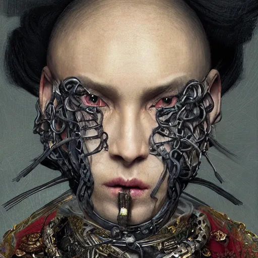 Prompt: portrait of a Shibari rope wrapped face and neck, headshot, insanely nice professional hair style, dramatic hair color, digital painting, of a old 15th century, old cyborg merchant, amber jewels, baroque, ornate clothing, scifi, realistic, hyper detailed, chiaroscuro, concept art, art by Franz Hals and Jon Foster and Ayami Kojima and Amano and Karol Bak,