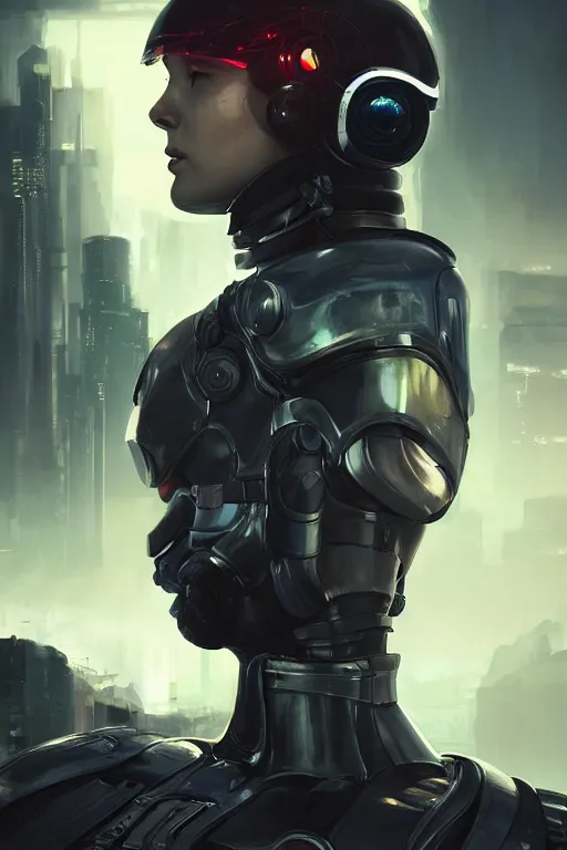 Image similar to portrait Poster, female cyberpunk pilot in full armor suite, dramatic lighting, cinematic, establishing shot, extremly high detail, photo realistic, cinematic lighting, post processed, concept art, artstation, matte painting, style by eddie mendoza, raphael lacoste, alex ross