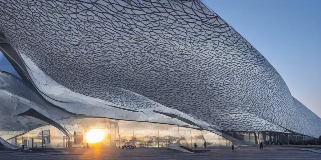 Image similar to extremely detailed ornate stunning sophisticated beautiful elegant futuristic museum exterior by Zaha Hadid, stunning volumetric light, sunset, 8k dragonfly structural pattern