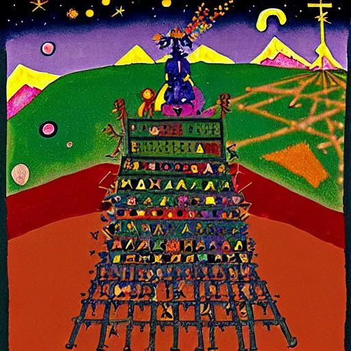 Image similar to pixel decollage painting tarot lovers card composition tower of babel road red armor maggot bear and wonky alien frog skeleton knight on a horse in a dark red cloudy night sky with golden foil jewish stars, occult symbols and diamonds, mountain lake and blossoming field in background, painted by Mark Rothko, Helen Frankenthaler, Danny Fox and Hilma af Klint, pixelated, neo expressionism, semi naive, pastel colors, cinematic, color field painting, cave painting, voxel, pop art look, outsider art, minimalistic. Bill Traylor painting, part by Philip Guston and Francis Bacon. art by Adrian Ghenie, very coherent symmetrical artwork, cinematic, hyper realism, high detail, octane render, unreal engine, Smooth gradients, depth of field, full body character drawing, extremely detailed, 8k, extreme detail, intricate detail, masterpiece