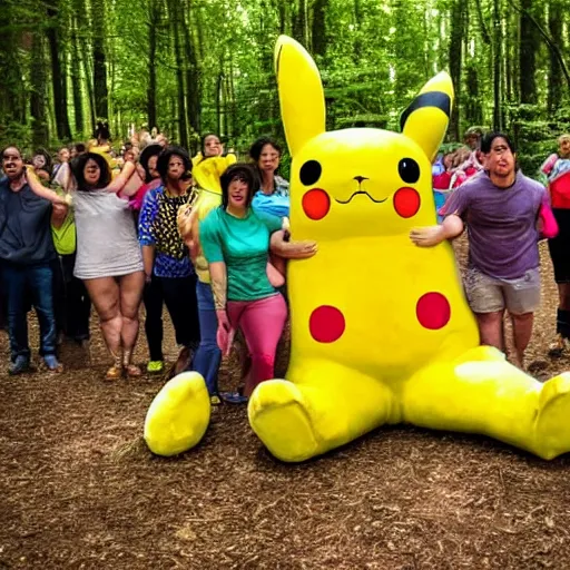 Image similar to photograph of a group of people worshipping a giant pikachu in a forest