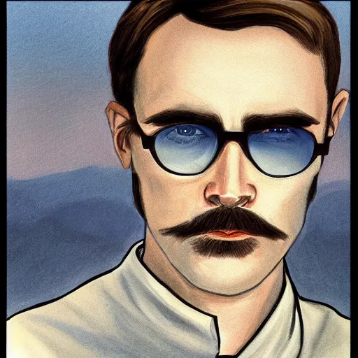 Prompt: closeup front portrait of duke leto atreides, avatar photo, short beard, long hair, hipster haircut, sunglasses, painted by Edward Hopper