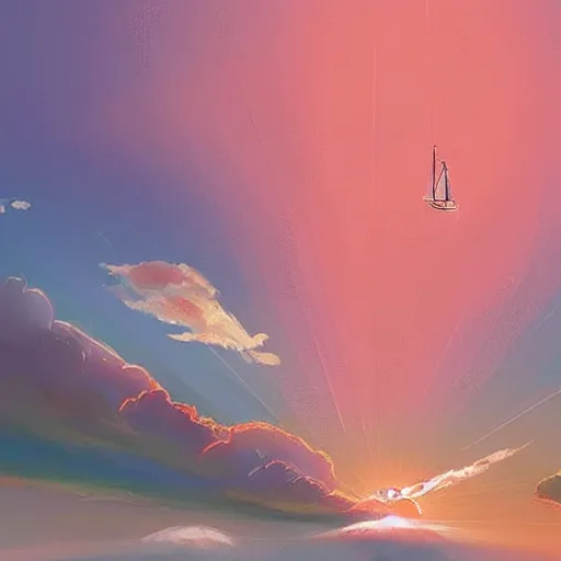 Image similar to a small sailboat flying through the sky, fluffy clouds, red-pink sunset, floating, fantasy, concept art, illustration, artstation award, bright