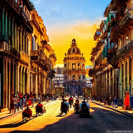 Prompt: Neo-Baroque painting of streets of Havana, Cuba, beautiful, diverse, golden hour