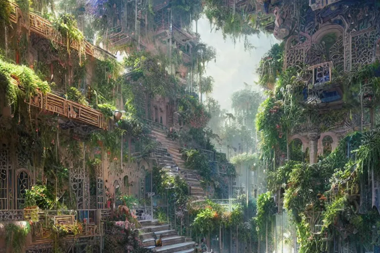 Image similar to hanging gardens of babylon, highly detailed, digital painting, artstation, concept art, sharp focus, illustration, art by artgerm and greg rutkowski and magali villeneuve