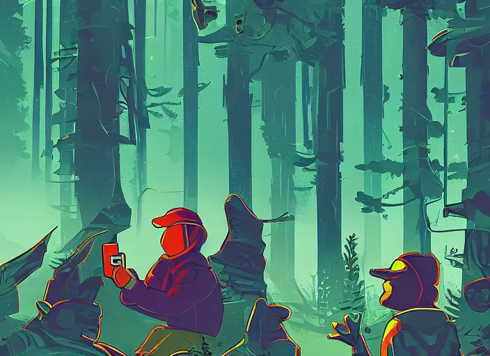 Prompt: aliens discovering technological artifact in a forest. in gta v by android jones and petros afshar, tom whalen, james gilleard