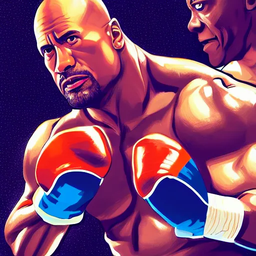 Image similar to dwayne johnson boxing with evil obama, digital painting, artstation, ristan eaton, victo ngai, artgerm, rhads, ross draws, anime styled