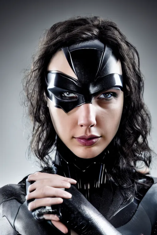 Prompt: gal gadot as a cyberpunk cat woman from batman movie, pale skin, sensual, beautiful soft light failling on her face, studio photography, nikon 3 5 mm portrait photography, ultra realistic