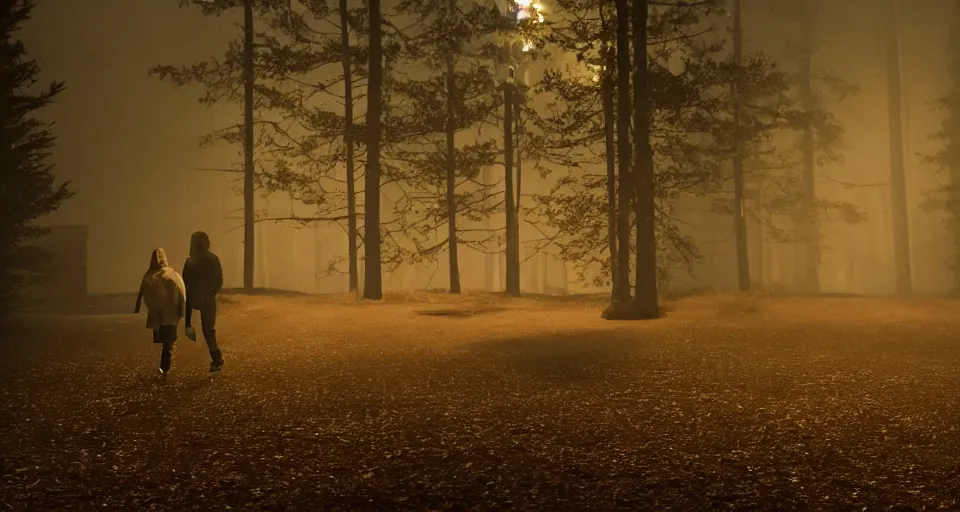 Image similar to Hereditary (2018) high contrast lighting, night scene, blue and orange palette, film still