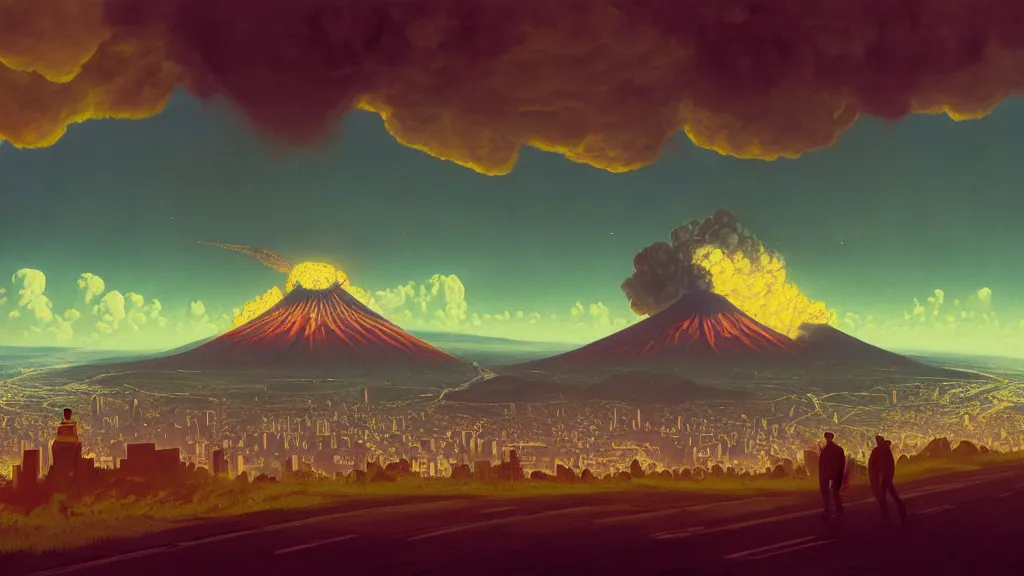 Image similar to Nuclear Fallout towering over the town of Quito by Simon Stålenhag and J.M.W. Turner, oil on canvas; Art Direction by Adam Adamowicz; 4K, 8K; Ultra-Realistic Depth Shading