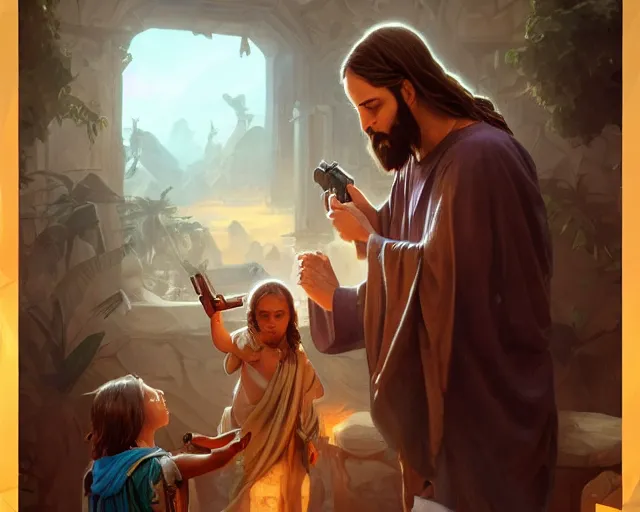 Prompt: photography of jesus christ pointing ak 4 7 to a small child wrapped in toilet paper, deep focus, d & d, fantasy, intricate, elegant, highly detailed, digital painting, artstation, concept art, matte, sharp focus, illustration, hearthstone, art by artgerm and greg rutkowski and alphonse mucha