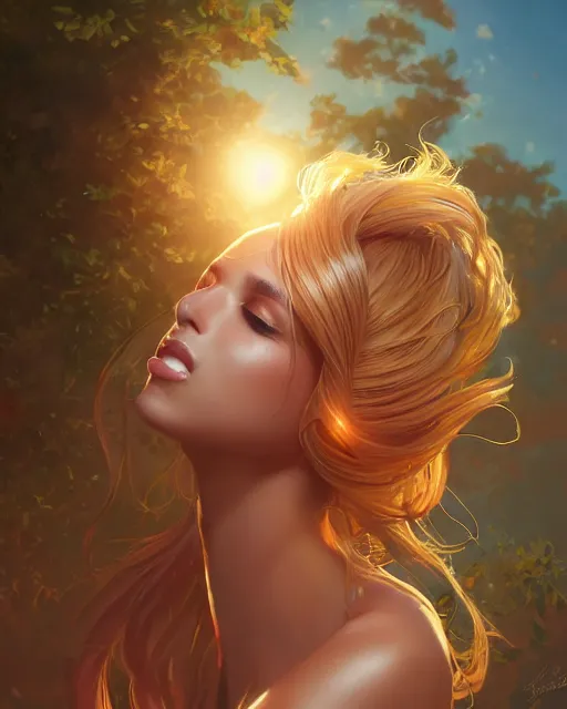 Image similar to summer vibes, beautiful sun tanned goddess, flowy golden hair, sun, summer, cinematic lighting, highly detailed, digital painting, trending on artstation, pixiv, concept art, sharp focus, illustration, art by ross tran and wlop