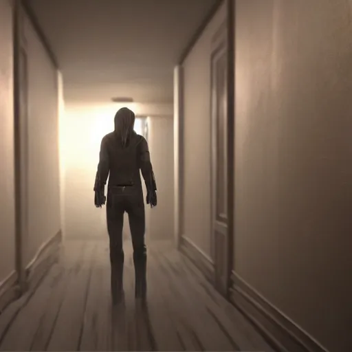 Image similar to in the house of p. t., dark hallway, bad camrea, hideo kojima's ghost form appears in front of you, hideo kojima is transparent, unreal engine 5